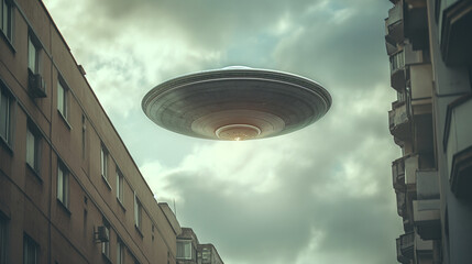 Unidentified Flying Object Hovering in the Sky. Generative AI.