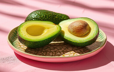 Avocado on a plate , solid color background