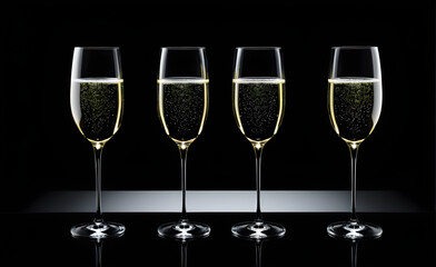 Four champagne glasses on a simple black background, Valentine's Day, Christmas. Generative AI