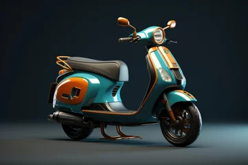 Ingelijste posters Modern Motor scooter, 3D Rendering of modern motor scooter isolated on dark background. Front side view of light . AI generated © Tanu
