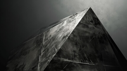 Monochrome abstract art depicting a pyramid with a textured surface.