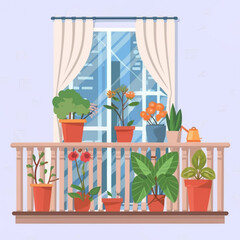 Gardening in sunroof balcony, house, home garden vector design