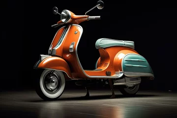 Foto op Canvas Modern Motor scooter, 3D Rendering of modern motor scooter isolated on dark background. Front side view of light . AI generated © Tanu