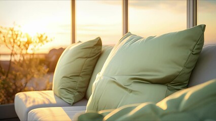 Soft, velvety couches in a calming shade of sage green invite you to relax and admire the breathtaking sunset outside, while the warm glow from the overhead lights adds a touch of sophistication