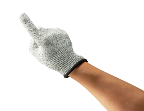 Male hand wearing knife-proof gloves on white background.