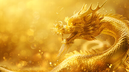 Holy golden dragon raising on gold blurry texture background, generative ai