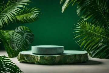 Green Product background with stone plinth and Tropical Leaves