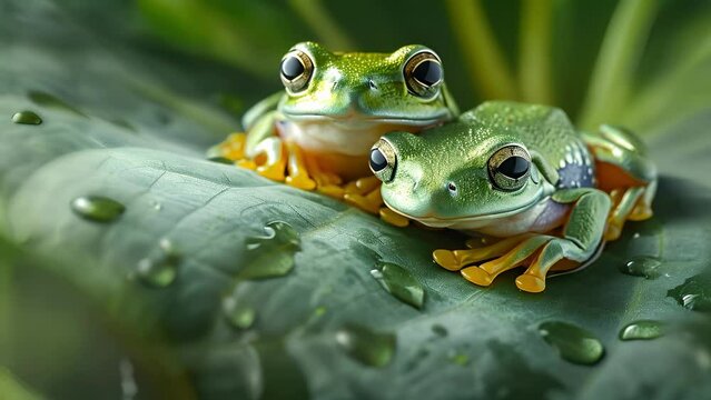 Closeup of two tiny tree frogs nestled together on a large velvety green leaf their glistening skin reflecting the light like precious gems.