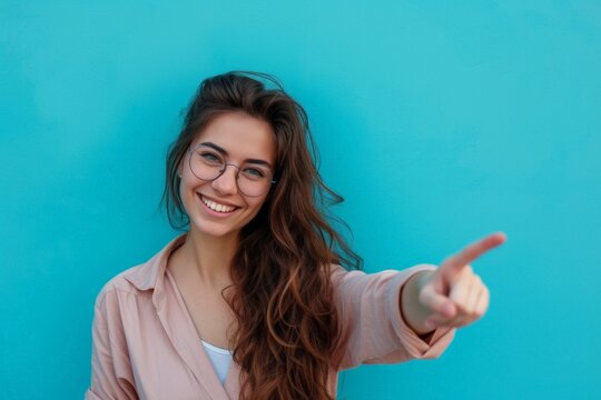 Happy Woman pointing with Finger standing against a Blue Background in the Style of Red Azure Fashion - Youthful Candid Moments Female Wallpaper created with Generative AI Technology