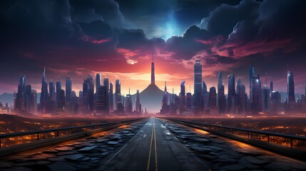 A desolate futuristic highway stretching into the horizon, surrounded by muted neon signs that flicker softly in the abandoned cityscape