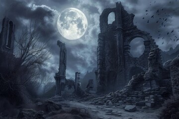 A dark and moody gothic art piece depicting an ancient observatory under a full moon, with a mysterious aura