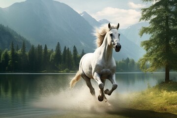 Majestic horse running beside serene lake amidst stunning natural landscape. Generative AI - obrazy, fototapety, plakaty