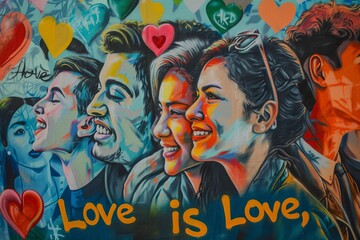 A street art-inspired piece showing a wall with graffiti that reads "Love is Love," surrounded by diverse people