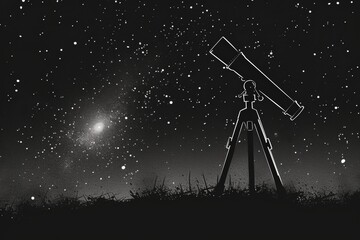 A simple yet elegant black and white illustration of a telescope pointed at a starry sky