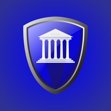Bank building and shield indicating security and encryption, padlock and finance. 