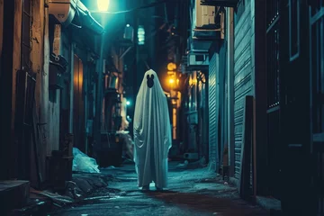Fotobehang A mysterious figure in a ghost costume standing in a dimly lit alleyway illustration of a ghost © PinkiePie