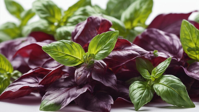Green basil leaves with Clipping paths, full depth of field. Fresh red basil herb leaves . Purple Dark Opal Basil. Focus stacking, generate ai Free Photo
