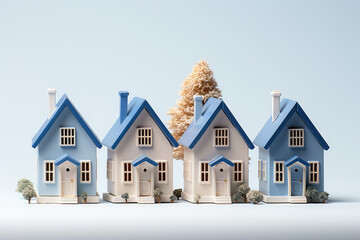 Row of Cartoon Miniature House Models extreme closeup. Generative AI