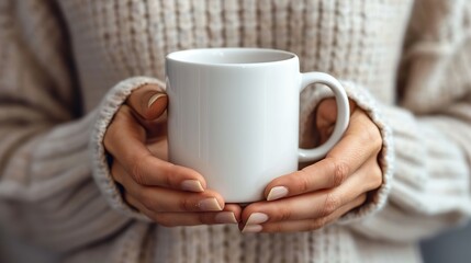 woman in white cozy sweater holding a white coffee mug for coffee mug mockup design with a blank space, Generative AI.