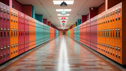 A Long Hallway with Lots of Colored Lockers extreme closeup. Generative AI