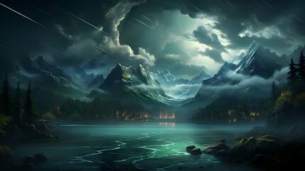 A dramatic thunderstorm brewing over a peaceful turquoise blue lake, with lightning illuminating the jagged peaks of the mountains
