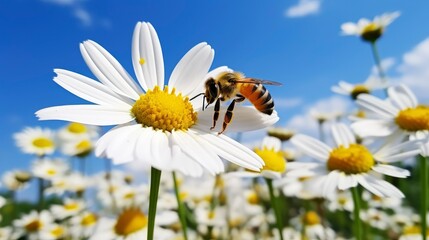 Obraz premium Natural background depicting daisy flower and bees on a sunny day