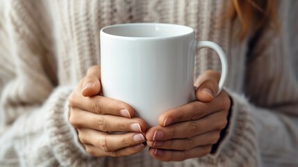 woman in white cozy sweater holding a white coffee mug for coffee mug mockup design with a blank space, Generative AI. - obrazy, fototapety, plakaty