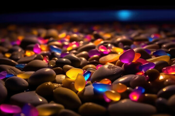 Obraz premium Beautiful Neon Colorful Pebbles on the Night Beach extreme closeup. Generative AI