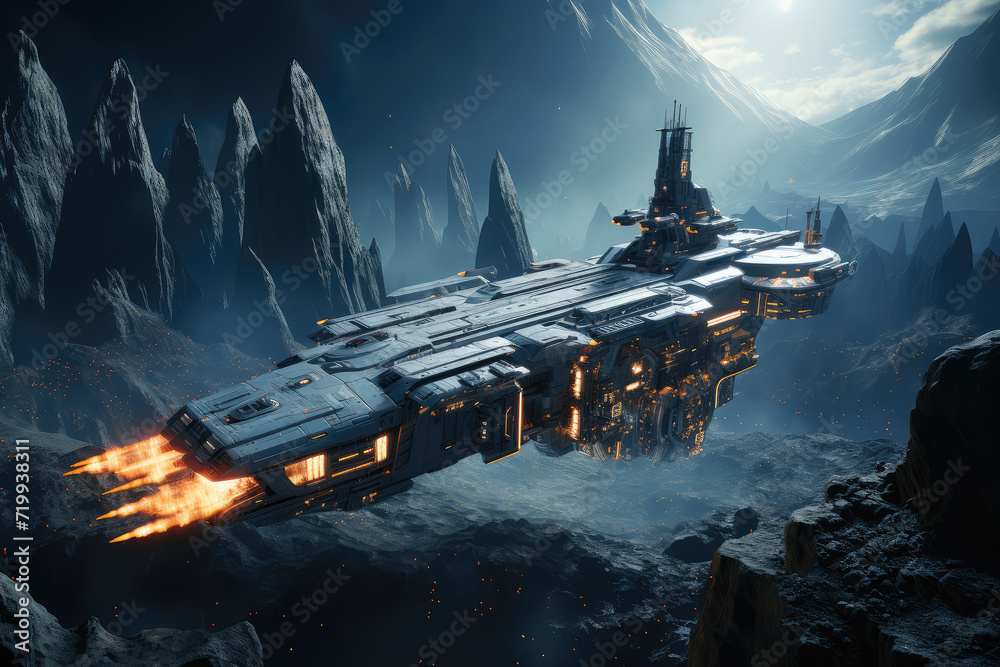 Aufkleber Futuristic Spaceship Exploring a Distant Alien Planet extreme closeup. Generative AI