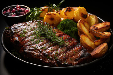 Grill Steak Meal and Fries extreme closeup. Generative AI
