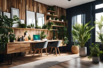Ecological Home Office Apartment with Natural Wooden Surfaces and Green Plants