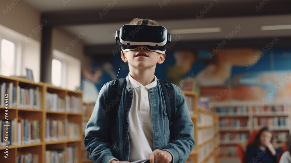 Poster A young boy is immersed in a virtual reality experience while in a library. This image can be used to showcase the integration of technology and learning