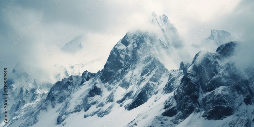 Sticker A majestic mountain covered in snow and surrounded by clouds. Perfect for travel and adventure themes