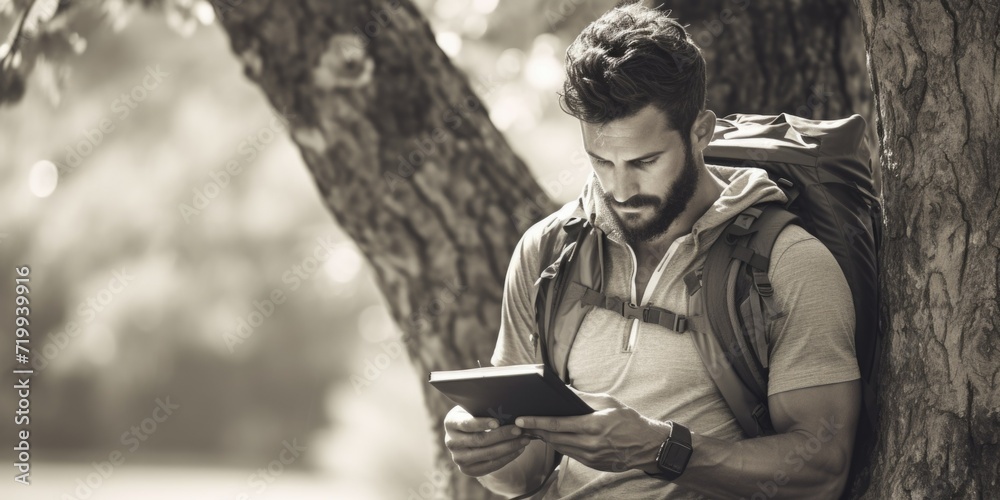 Poster a man with a backpack is seen looking at his cell phone. this image can be used to represent technol