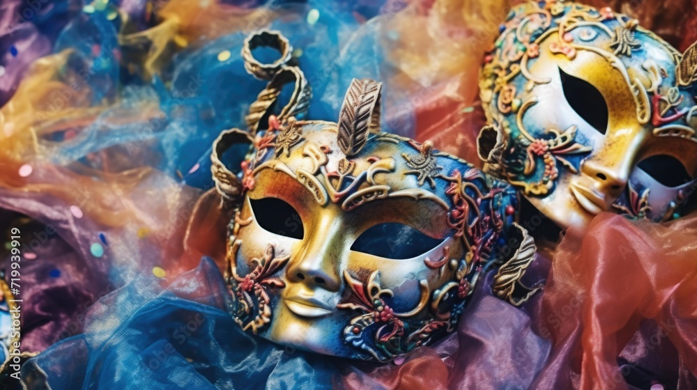Poster two masks are seen up close on a cloth. this image can be used to represent theater, drama, or masqu