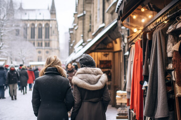 Dressed in stylish winter coats, the women exploring the Christmas markets near Notre-Dame Cathedral on a snowy winter day. - obrazy, fototapety, plakaty