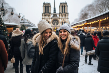 Dressed in stylish winter coats, the women exploring the Christmas markets near Notre-Dame Cathedral on a snowy winter day. - obrazy, fototapety, plakaty