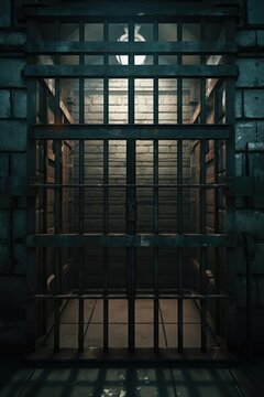 A jail cell with an open door in a dark room. Can be used to depict incarceration, imprisonment, or escape themes