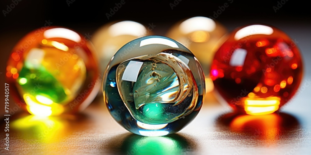 Poster A group of glass marbles sitting on top of a table. Suitable for various applications