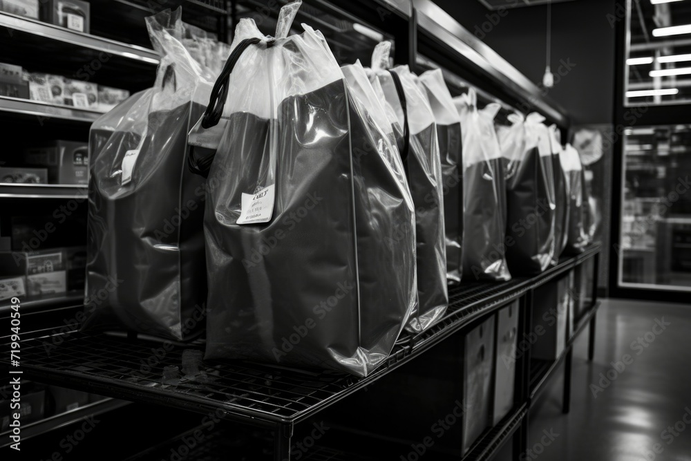 Poster A black and white photo capturing the essence of a grocery store. This versatile image can be used in various projects