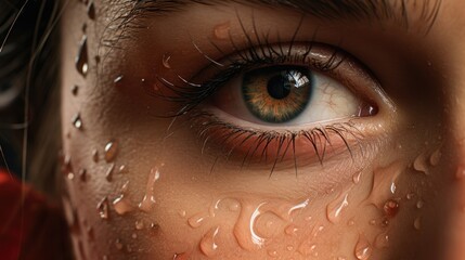 A close-up view of a person's eye with water droplets on it. Can be used to depict emotions, freshness, or the concept of tears