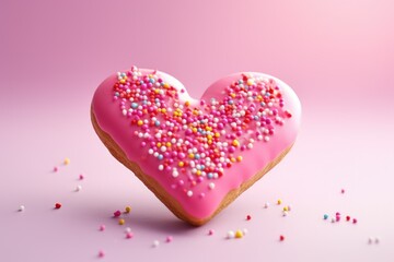 Fototapeta premium A delicious pink heart-shaped doughnut with colorful sprinkles. Perfect for Valentine's Day or sweet treats.