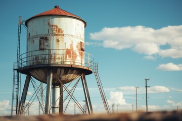 A rusted water tower standing alone in the middle of a field. Suitable for industrial, rural, or abandoned themes - Powered by Adobe