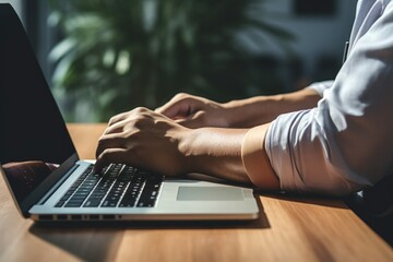 A person is seen typing on a laptop computer placed on a wooden table. This image can be used for various purposes