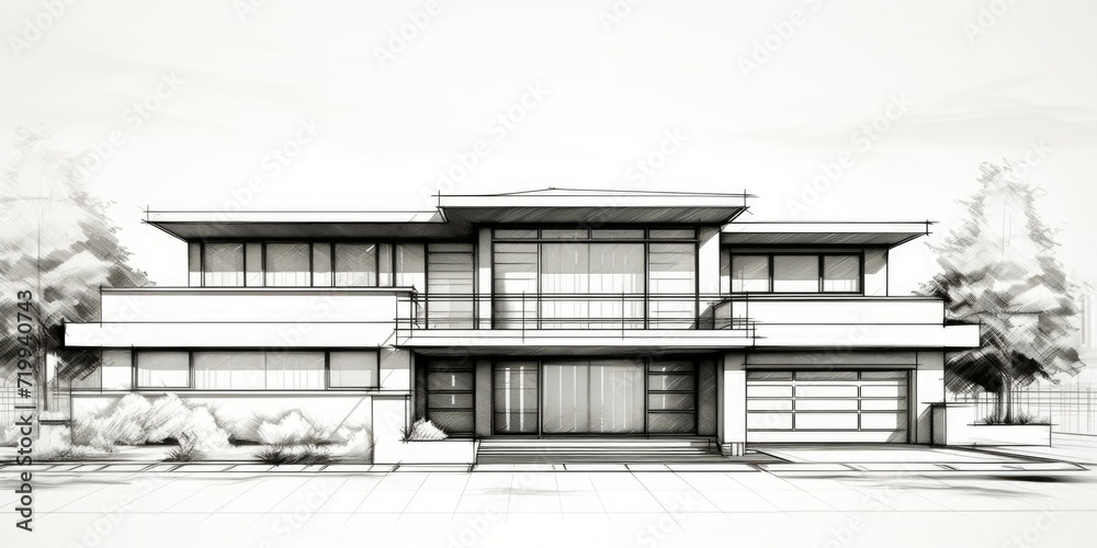 Poster a drawing of a house with an abundance of windows. suitable for architectural and real estate concep