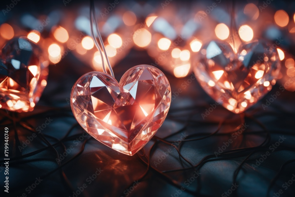 Poster A group of crystal heart-shaped lights on a table. Perfect for adding a romantic touch to any setting
