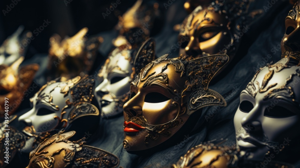 Aufkleber A collection of masks displayed on a table. Suitable for various occasions and events