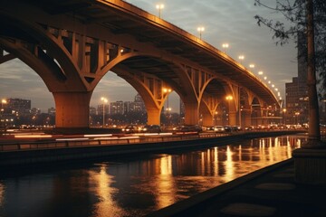 A bridge illuminated at night, spanning a body of water. Ideal for urban landscapes and cityscapes