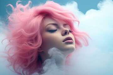 A woman with pink hair exhaling smoke, creating a mysterious and captivating image. Perfect for projects related to beauty, fashion, and self-expression
