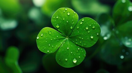 A close-up shot of a four leaf clover with glistening water droplets. This image captures the...